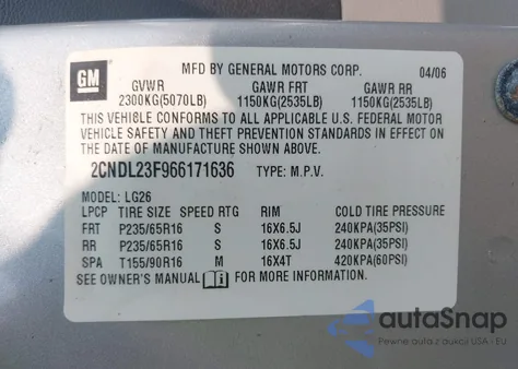 2006 Chevrolet Equinox Ls z USA, uszkodzony, nr VIN 2CNDL23F966171636